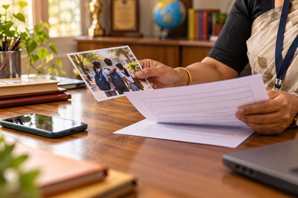 School administrator reviewing a photograph and a parent preference form.