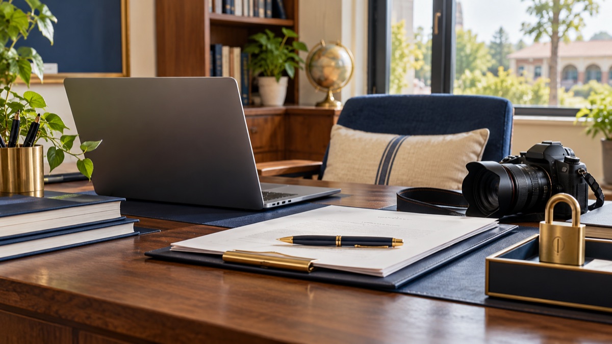 School office desk with a laptop, camera and documents representing vendor privacy checks.